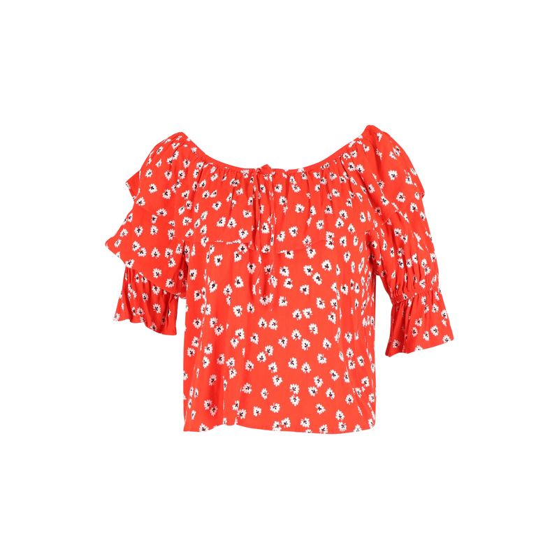 Ganni Silvery Floral Off-Shoulder Top In Red Viscose